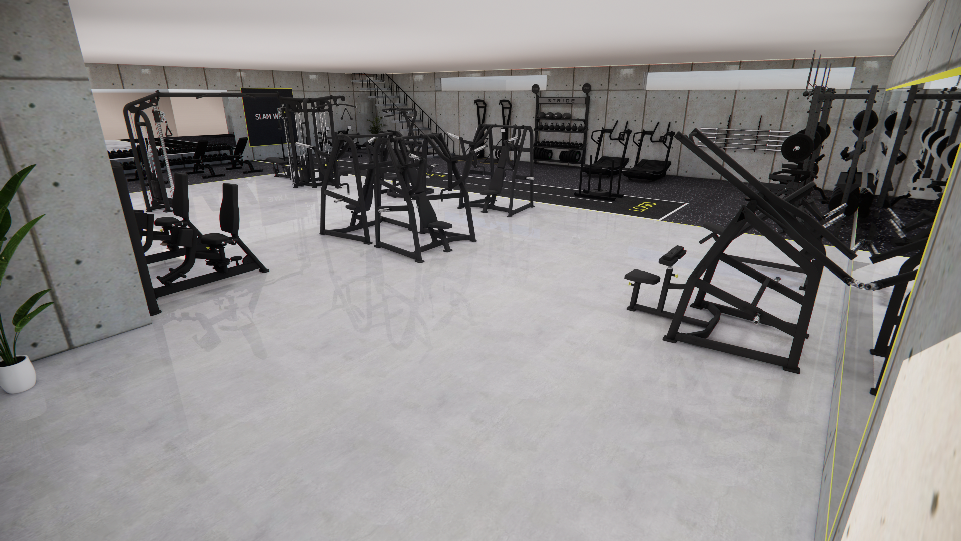 Render van de open gym met track en slam wall in Sportsclub Loppem